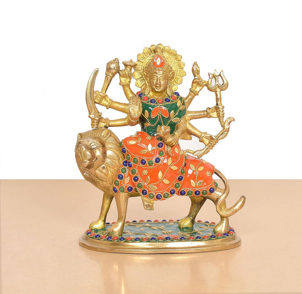 Brass Durga Maa with Lion Idol (Height: 7.5 Inch) Study Setting