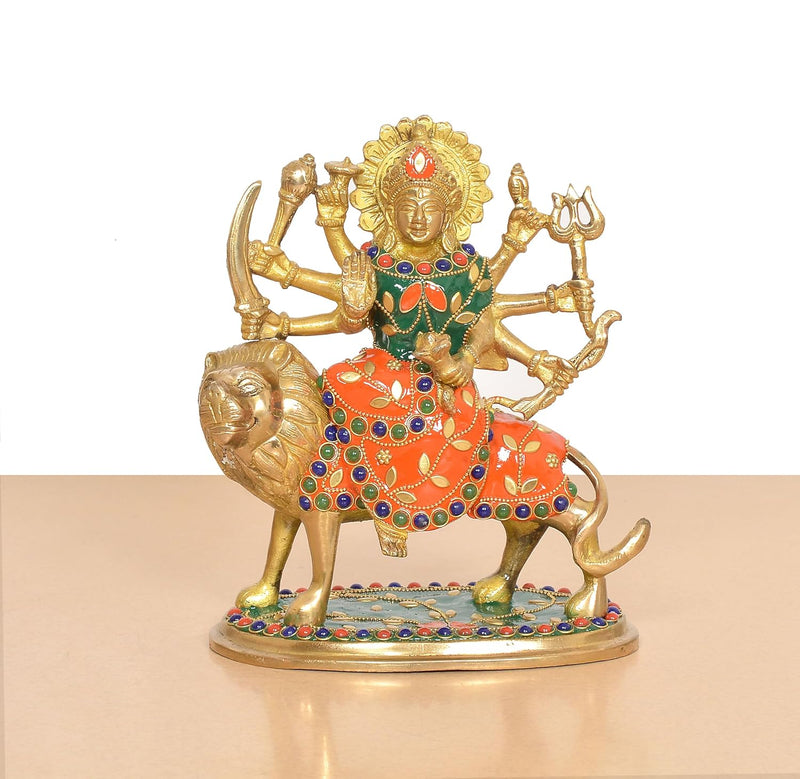 Brass Durga Maa with Lion Idol (Height: 7.5 Inch)