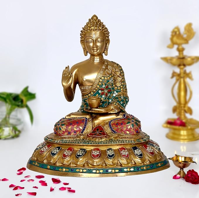 Brass Buddha Statue On Base Giving Blessing Pose for Home Decor Temple | Height : 15 Inches