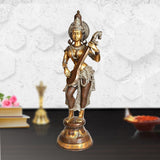 Brass standing Saraswati mata murti holding veena, ornate crown, 29-inch tall