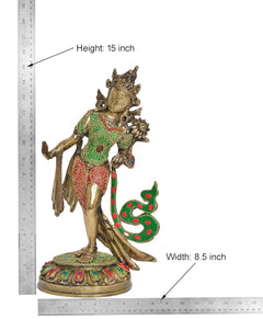 Brass Tara Devi standing statue height 15 in and width 8.5 in, green and red dress