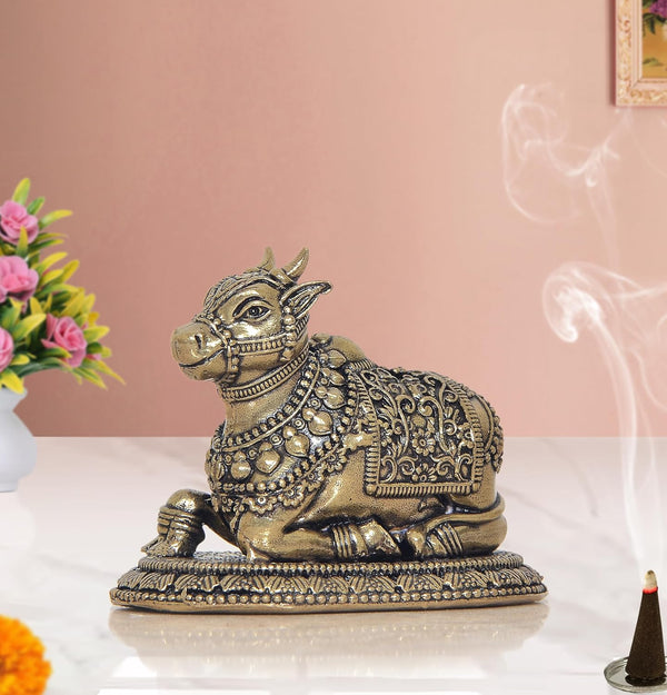 Bronze Shiva Seated Nandi Statue Nandi Bull for Shiv Temple Showpiece Home Decor Pooja Mandir (Height: 2 Inch)