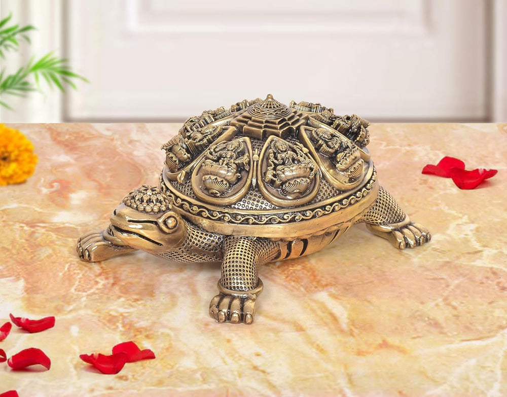 Superfine Brass Ashtalakshmi Shree Yantra on Tortoise Figurine (Height: 3 Inches)
