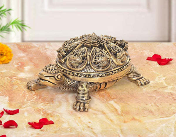 Superfine Brass Ashtalakshmi Shree Yantra on Tortoise Figurine (Height: 3 Inches)