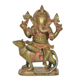 Brass Ganesha statue on mouse, ornate seated pose with raised hands