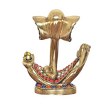 Brass Ganesha idol rear angle with red bead garland and blue gem border
