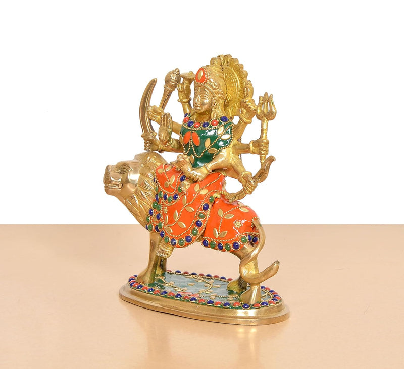Brass Durga Maa with Lion Idol (Height: 7.5 Inch)