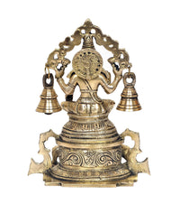 Lakshmi deity idol front view on engraved base with four hanging bells