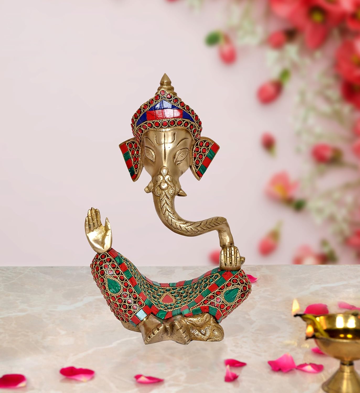 Brass Modern Ganesha Idol Ganesh Statue Multicolor Stone Work Finish | Home Decor/Office Entrance/Temple/Diwali Gift | (Height : 10 inch)