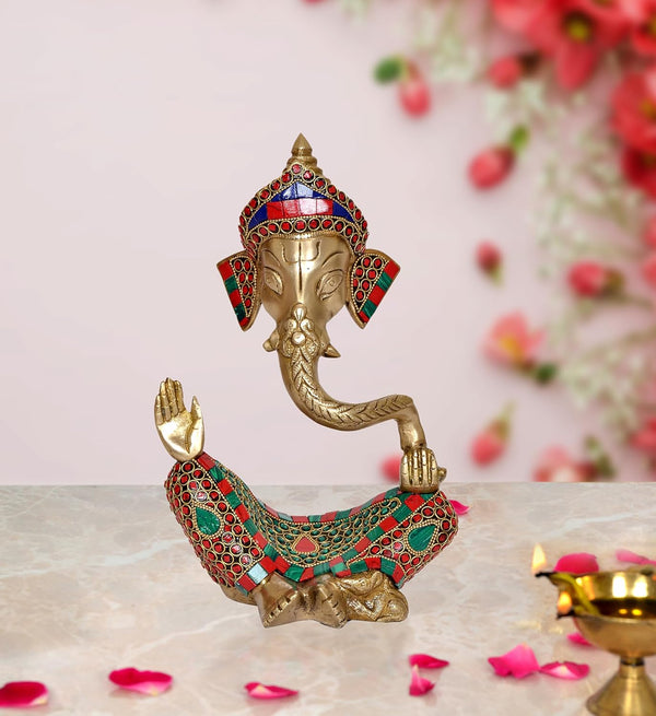 Brass Modern Ganesha Idol Ganesh Statue Multicolor Stone Work Finish | Home Decor/Office Entrance/Temple/Diwali Gift | (Height : 10 inch)