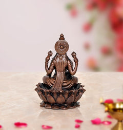 Copper Laxmi Maa statue back view, lotus base with ornate details, 3.5 in