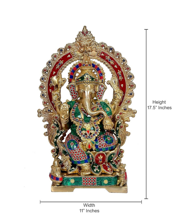 Brass Ganesha Statue with Kirtimuka Frame Sitting On Lotus Base (Height : 18 Inches) Study Setting