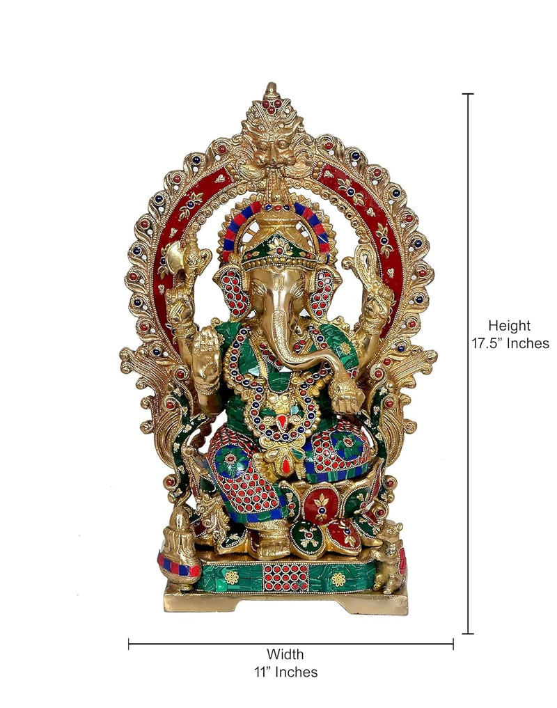 Brass Ganesha Statue with Kirtimuka Frame Sitting On Lotus Base (Height : 18 Inches)