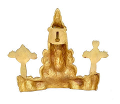 Brass Tirupati Balaji wall hanging figurine, back view with finial and symbols, 6 in
