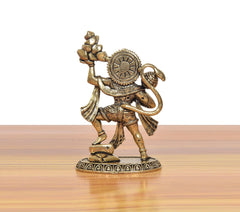 Brass Hanuman murti angled view with circular chest emblem and back detailing