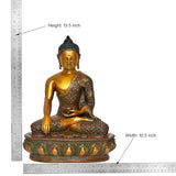 Brass Dhyan mudra Buddha statue with size markers: Height 13.5 in, Width 10.5 in