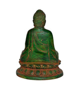 Back view green brass Buddha statue, seated posture with carved robe lines