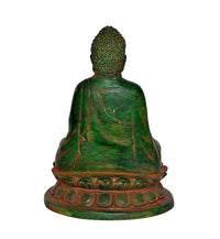Back view green brass Buddha statue, seated posture with carved robe lines