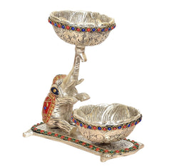 Silver metal elephant dry fruit stand with upper and lower bowls, jeweled multicolor edging