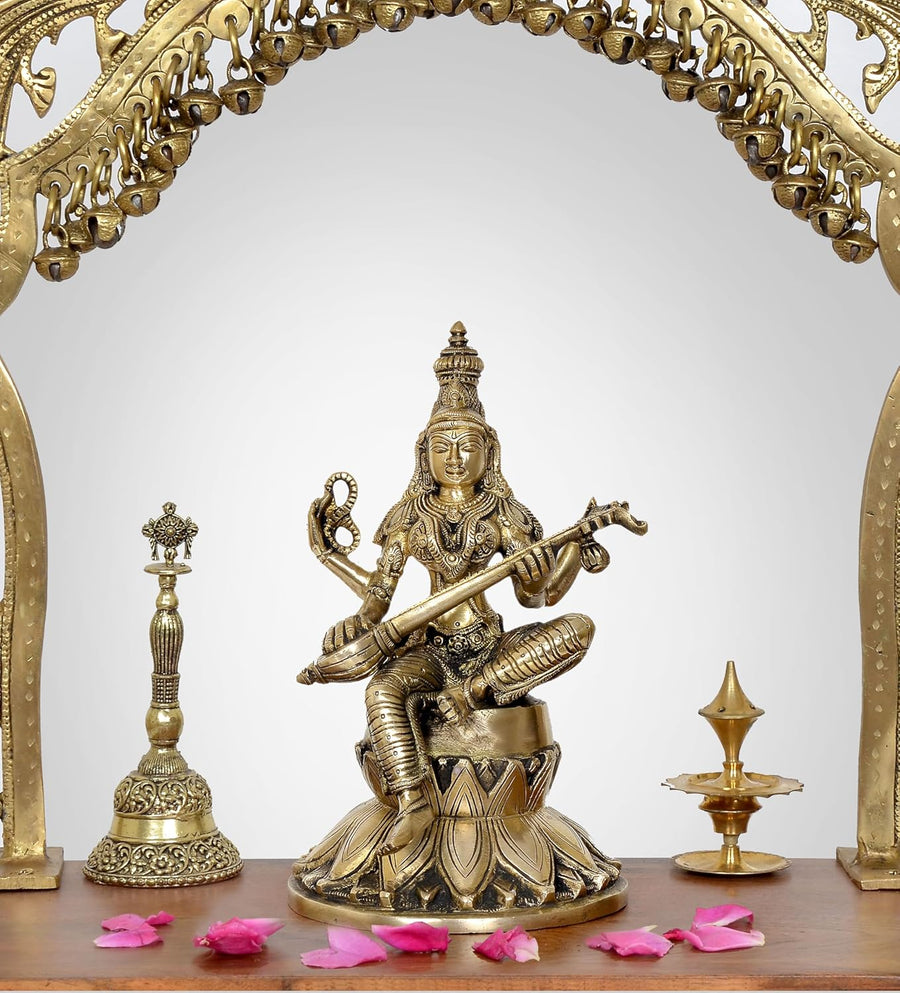 Brass Maa Saraswati Statue Handcrafted Hindu Goddess Saraswati Idol for Home Decor and Pooja Statue (Height 10 Inch) Craft Detail