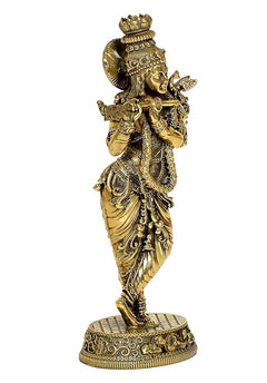 Lord Krishna brass idol figurine holding flute, three-quarter view with detailed robe