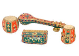 4-piece brass music décor set: painted sitar, harmonium box and two drums