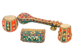 4-piece brass music décor set: painted sitar, harmonium box and two drums