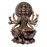 Resin Gayatri Mata statue on lotus, multiple arms with tridents and bowls, ornate crown