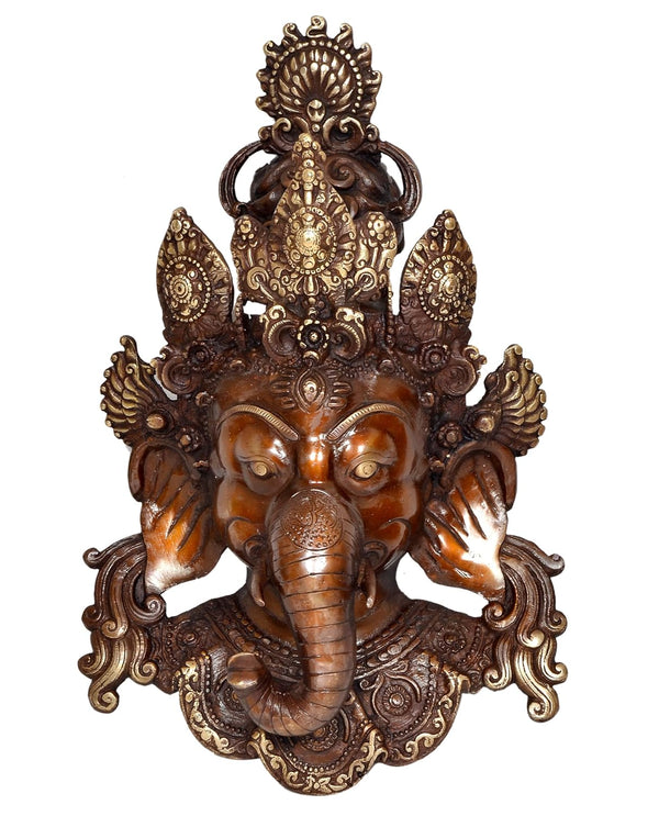 Brass Ganesha Mask Statue for Home Decor Wall Hanging mask | Multicolor | (Height : 15 Inch)