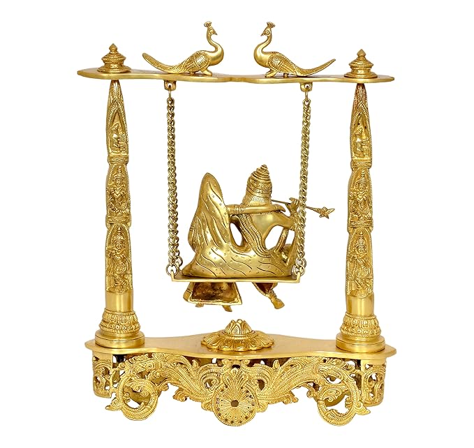 Brass Murlidhar Radha Krishna Murti Statue Idol Playing On Swing Idol Brass Statue, (Height 19 Inch)