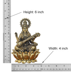 Brass Maa Saraswati statue, 6 inch height shown with ruler and width 4 inch