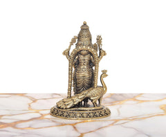 Brass Kartikeya idol with peacock mount, intricate detailing, 6-inch figurine