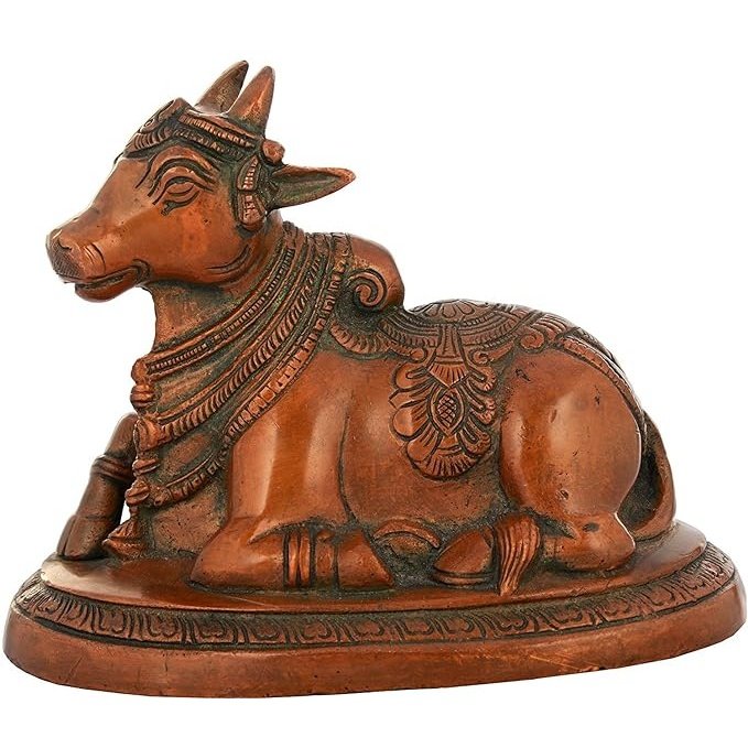Brass Nandi bull statue with ornate engraved details and decorative collar