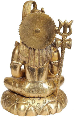 Brass Shiva statue rear view, seated on detailed lotus base, 9.5 in