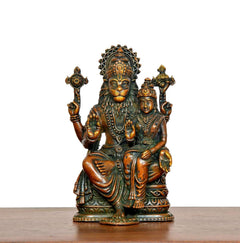AONA Lakshmi Narasimha brass statue, 4-inch, seated with ornate crown