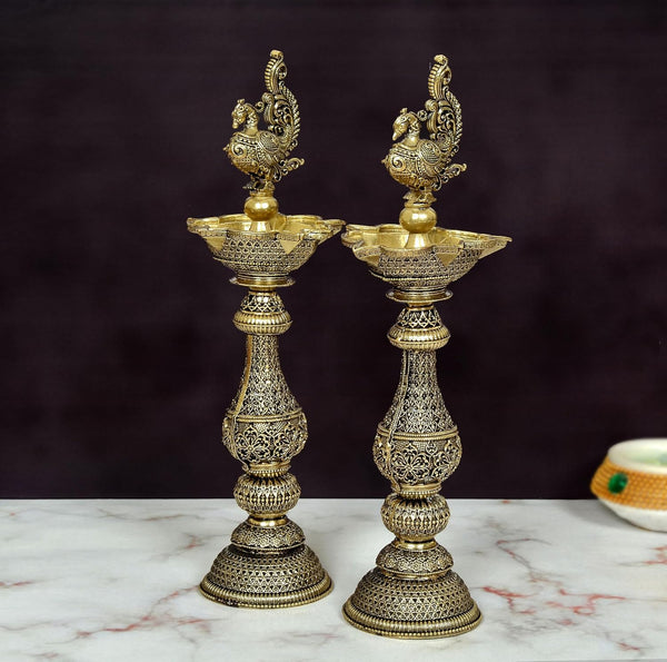Superfine Brass Peacock On Oil Lamp - Pack of 2 | (Height 8 Inch) Study Setting