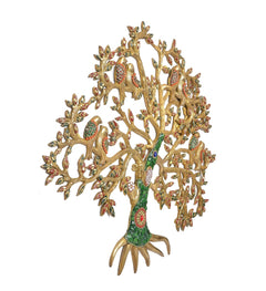 Brass Kalpavriksha tree wall hanging with green base and jewel-toned birds on branches