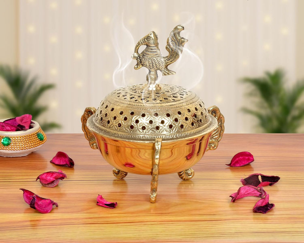 Brass Loban Dhoop Dani with Peacock Showpiece (Height 6 Inch) Golden