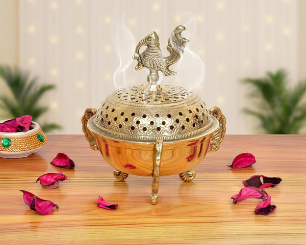 Brass Loban Dhoop Dani with Peacock Showpiece (Height 6 Inch) Golden
