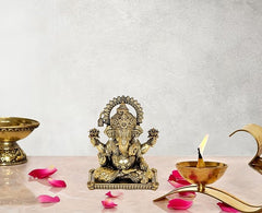 AONA Fine brass Ganesha statue idol, seated with ornate crown and four arms