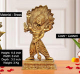 Gold brass Narasimha statue, front view with detailed mane, draped lower garment, base