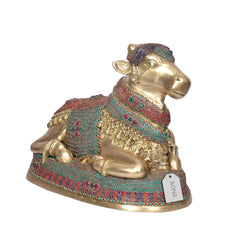 Brass Nandi bull statue on base, teal and red jeweled detailing