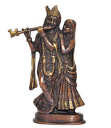 Brass Radha Krishna idol statue front view, flute in raised hand, gold accents