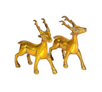 Golden brass standing deer idol set of 2, antlers up, sculpted bodies
