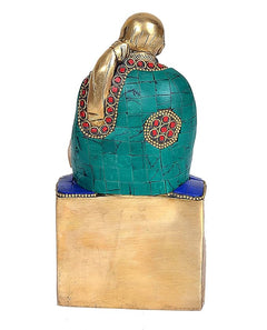 Shirdi Sai Baba back view brass statue, teal robe with red bead design on shoulder