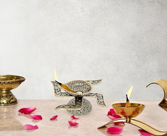 Brass akhand diya oil lamp with engraved holder and cotton wick