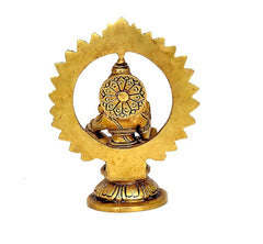 Brass Ayyappan statue idol with sunburst halo, seated on round base
