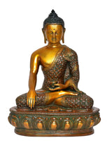 Brass Buddha statue meditating, calm face and jeweled robe details, hands in Dhyan mudra