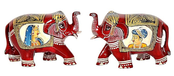 Elephant Pair Statue Small Size Multicolor Printed Wooden Decorate for Your Home,Office Table Decorative & Gift Item (Pack of 2) (Height: 2.2 Inches) (Red Shades)