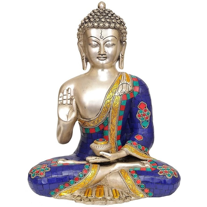 12-inch brass Lord Buddha statue, seated pose, blue mosaic robe and gold accents
